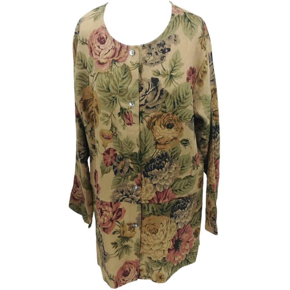 Smith & Hawken Linen Floral Button Front Tunic Shirt Jacket Size M/L? Pockets